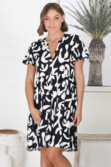 Wilma Mini Dress - Bermuda Collar Button Down Dress with Cap Sleeves in Jaxie Print Black