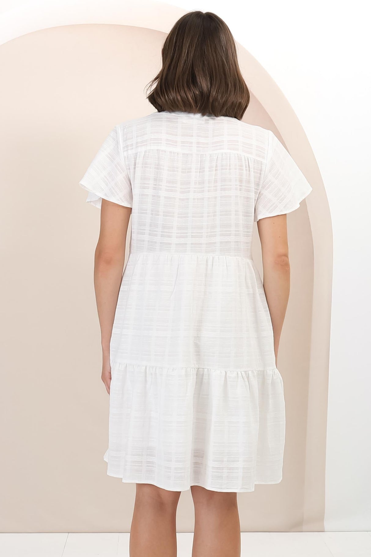 Wilma Cotton Mini Dress - Bermuda Collar Button Down Dress with Cap Sleeves in White