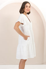 Wilma Cotton Mini Dress - Bermuda Collar Button Down Dress with Cap Sleeves in White