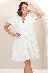 Wilma Cotton Mini Dress - Bermuda Collar Button Down Dress with Cap Sleeves in White