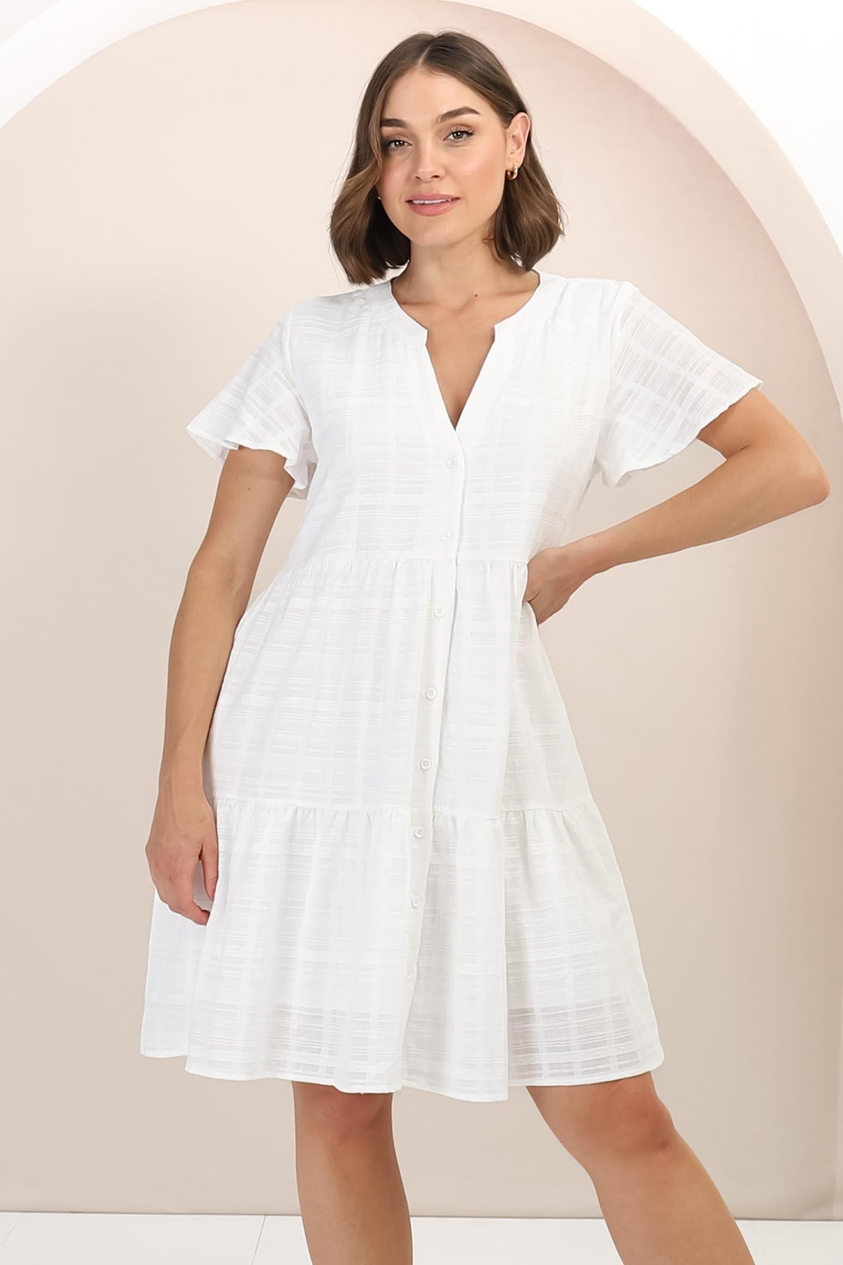 Wilma Cotton Mini Dress - Bermuda Collar Button Down Dress with Cap Sleeves in White