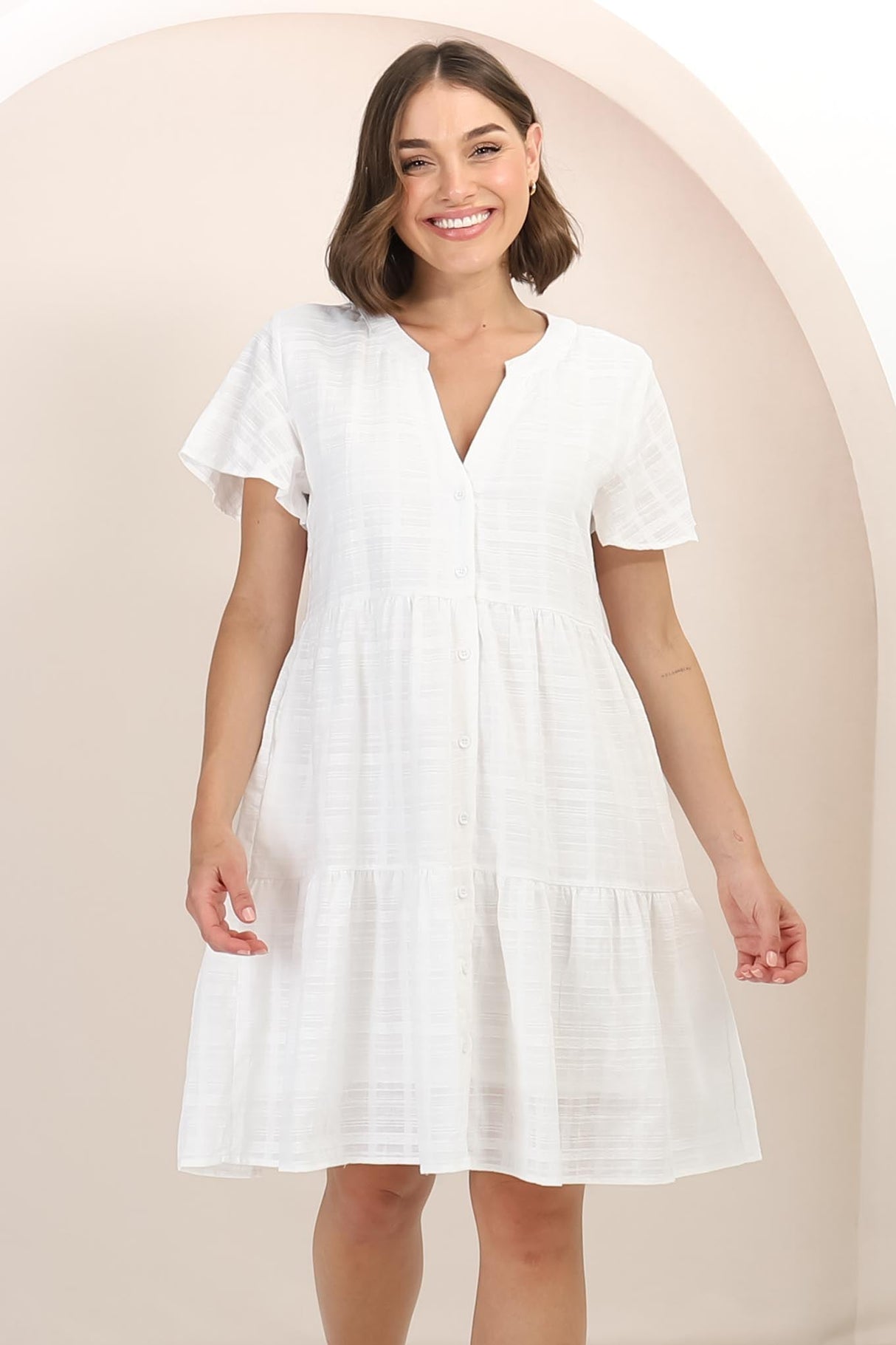 Wilma Cotton Mini Dress - Bermuda Collar Button Down Dress with Cap Sleeves in White