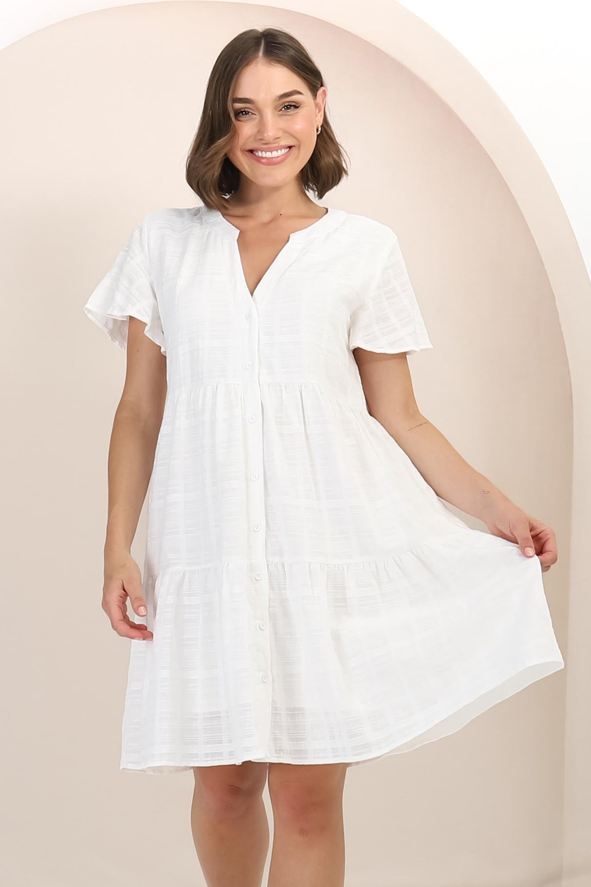 Wilma Cotton Mini Dress - Bermuda Collar Button Down Dress with Cap Sleeves in White