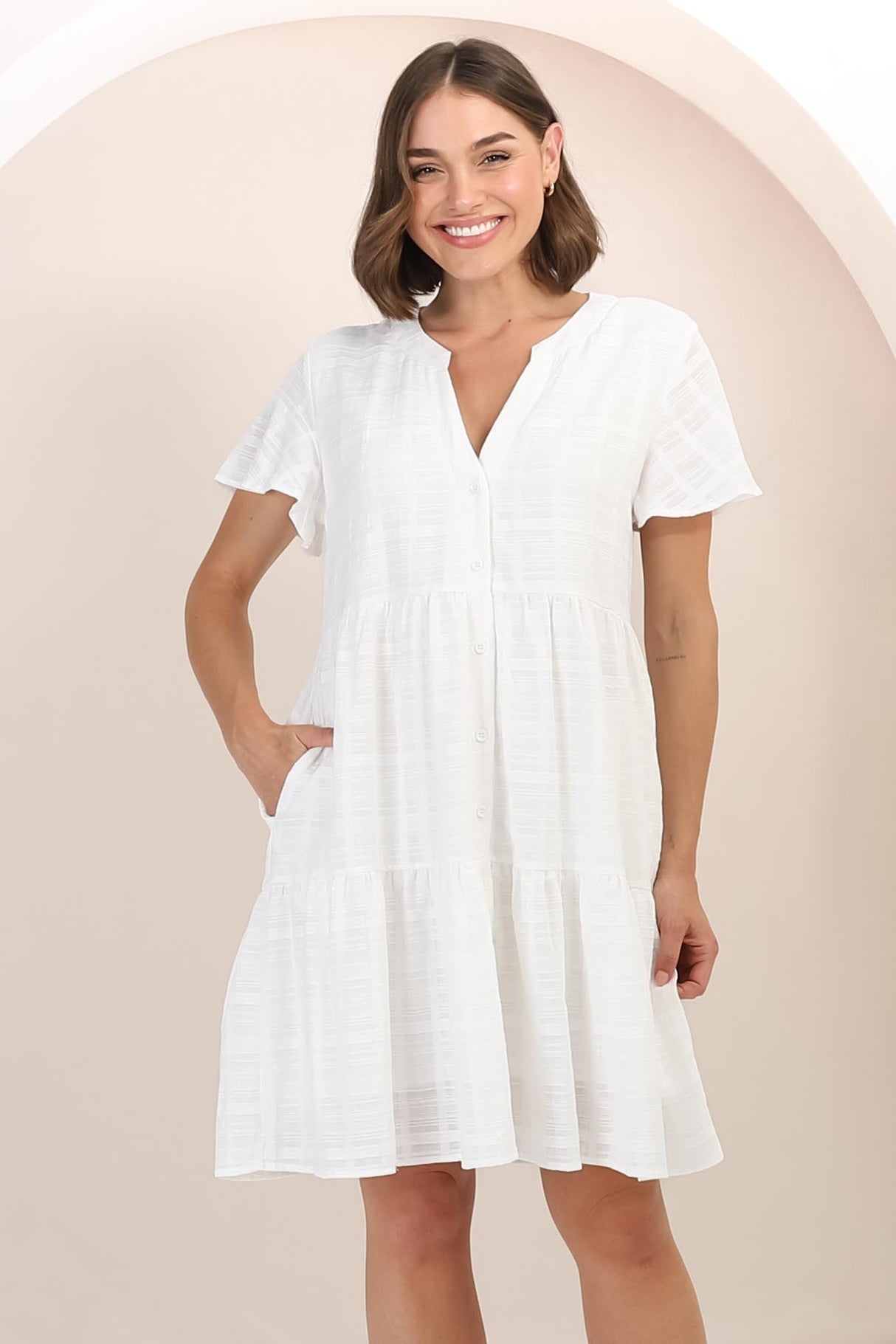 Wilma Cotton Mini Dress - Bermuda Collar Button Down Dress with Cap Sleeves in White