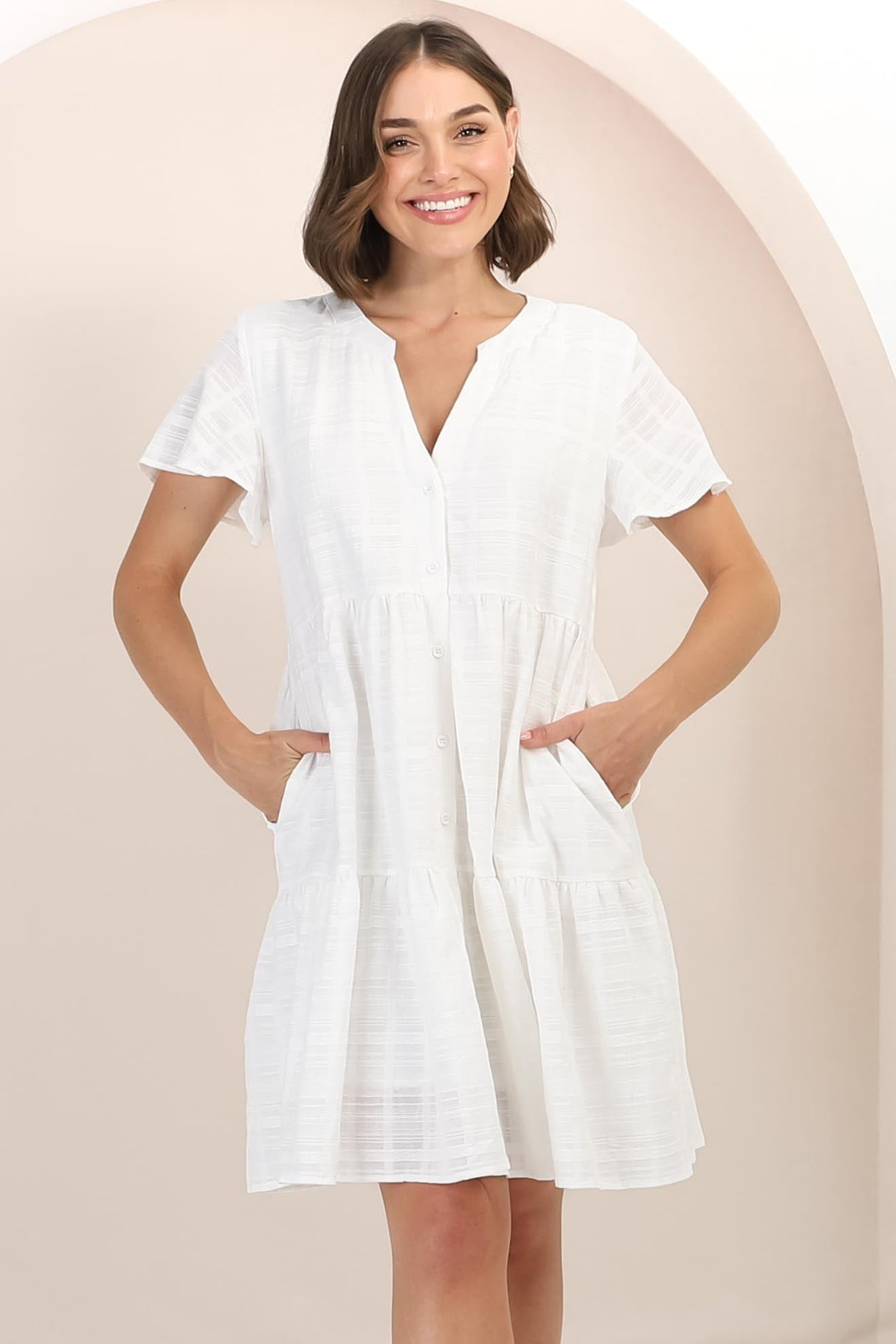 Wilma Cotton Mini Dress - Bermuda Collar Button Down Dress with Cap Sleeves in White