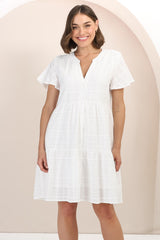 Wilma Cotton Mini Dress - Bermuda Collar Button Down Dress with Cap Sleeves in White