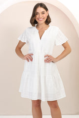 Wilma Cotton Mini Dress - Bermuda Collar Button Down Dress with Cap Sleeves in White