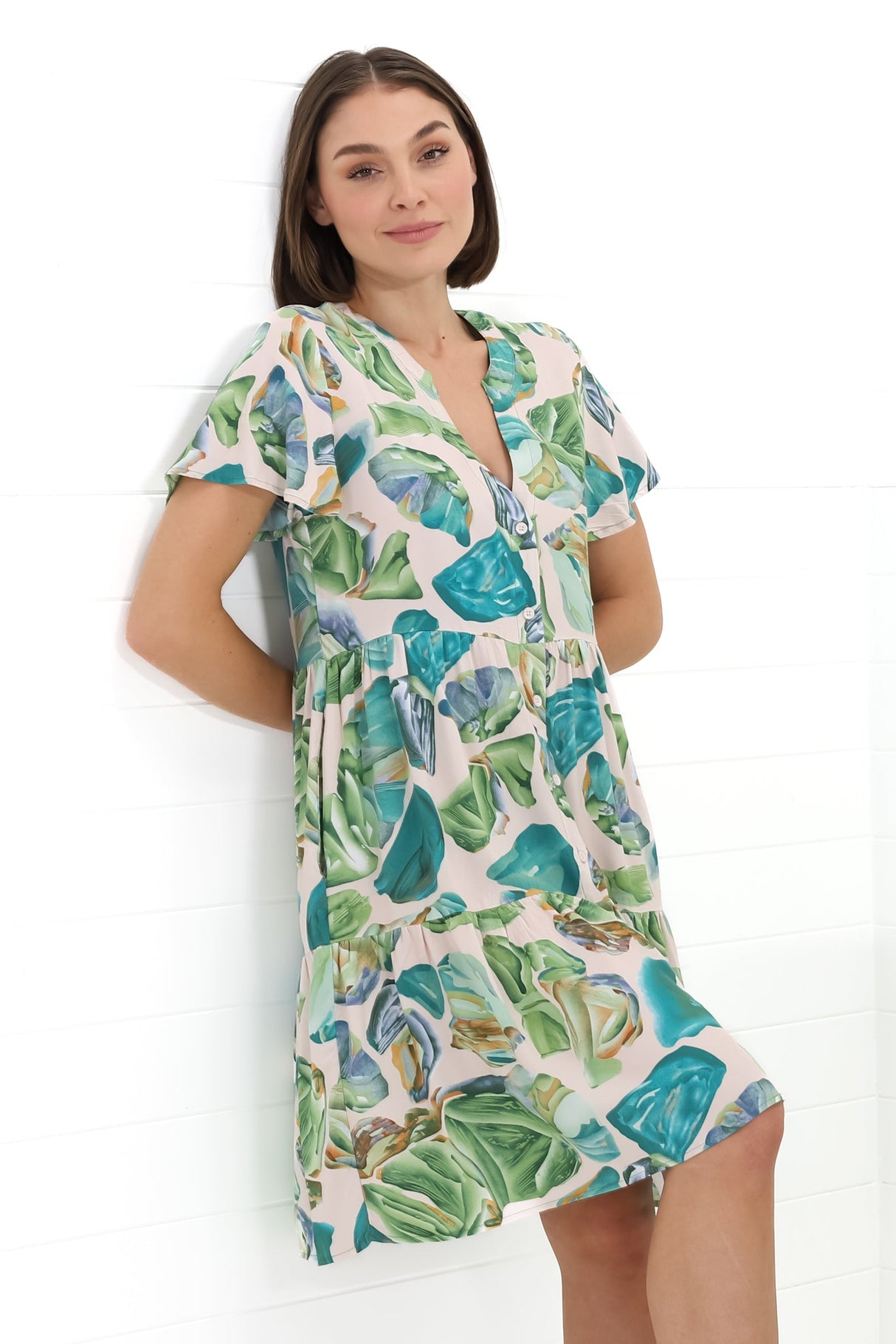 Wilma Mini Dress - Bermuda Collar Button Down Cape Sleeve Dress in Adelita Print Green