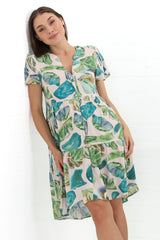 Wilma Mini Dress - Bermuda Collar Button Down Cape Sleeve Dress in Adelita Print Green