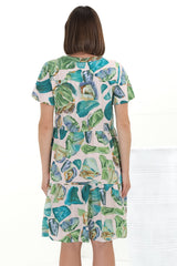 Wilma Mini Dress - Bermuda Collar Button Down Cape Sleeve Dress in Adelita Print Green