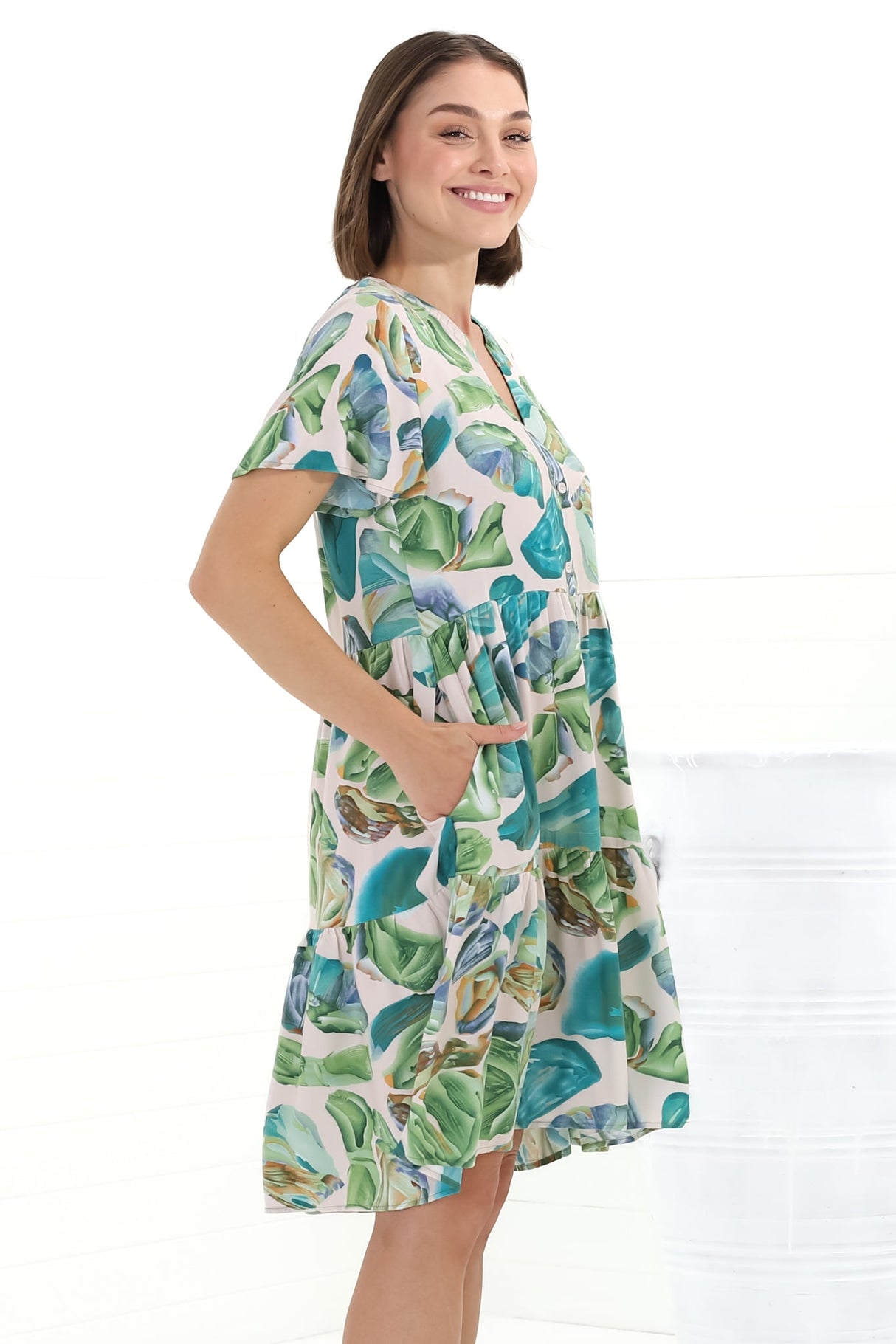 Wilma Mini Dress - Bermuda Collar Button Down Cape Sleeve Dress in Adelita Print Green