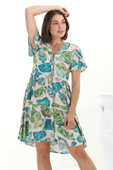 Wilma Mini Dress - Bermuda Collar Button Down Cape Sleeve Dress in Adelita Print Green