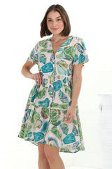 Wilma Mini Dress - Bermuda Collar Button Down Cape Sleeve Dress in Adelita Print Green