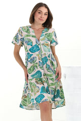 Wilma Mini Dress - Bermuda Collar Button Down Cape Sleeve Dress in Adelita Print Green