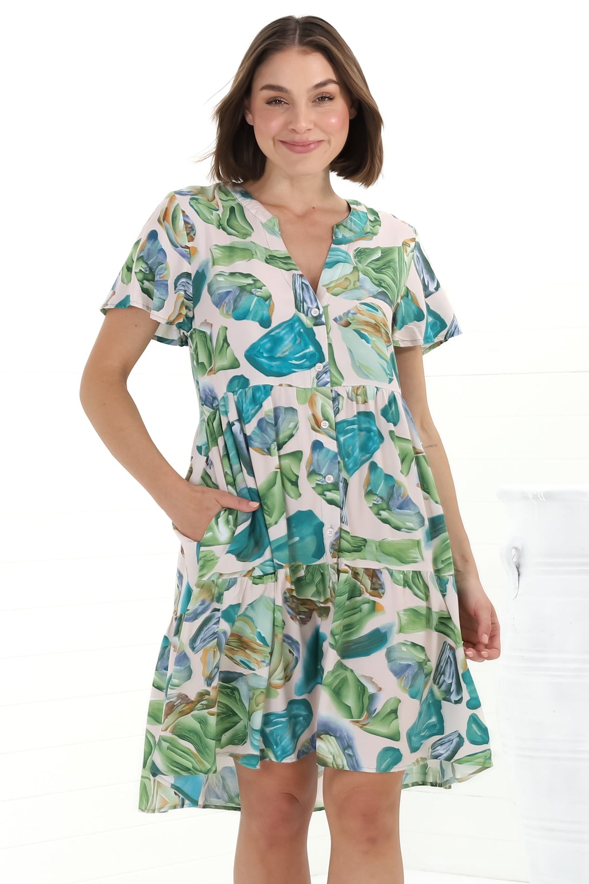 Wilma Mini Dress - Bermuda Collar Button Down Cape Sleeve Dress in Adelita Print Green