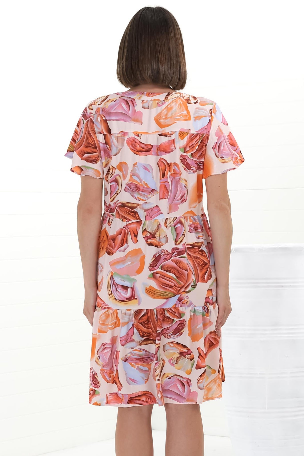 Wilma Mini Dress - Bermuda Collar Button Down Cape Sleeve Dress in Adelita Print Orange