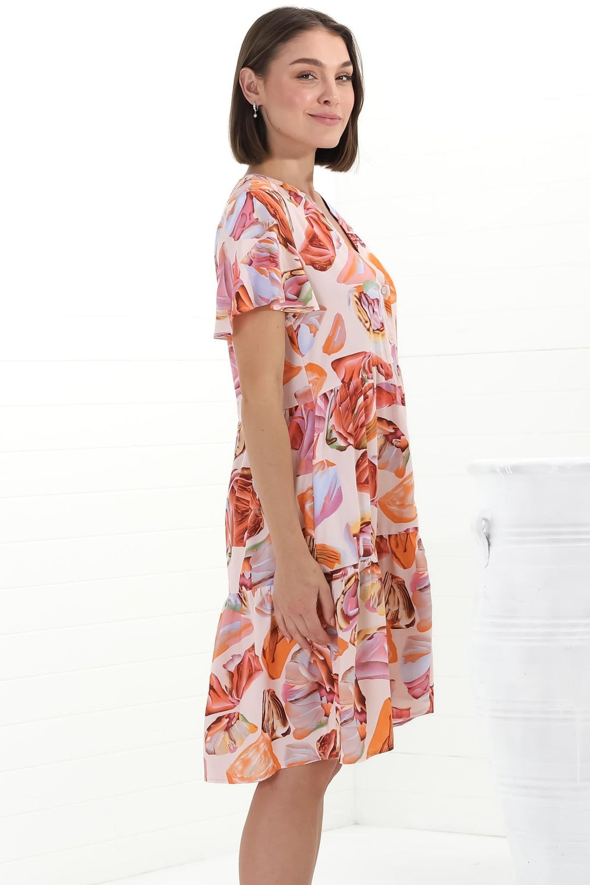 Wilma Mini Dress - Bermuda Collar Button Down Cape Sleeve Dress in Adelita Print Orange