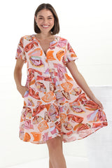 Wilma Mini Dress - Bermuda Collar Button Down Cape Sleeve Dress in Adelita Print Orange