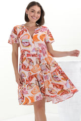 Wilma Mini Dress - Bermuda Collar Button Down Cape Sleeve Dress in Adelita Print Orange