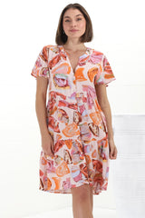 Wilma Mini Dress - Bermuda Collar Button Down Cape Sleeve Dress in Adelita Print Orange