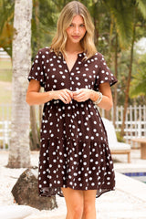 Wilma Mini Dress - Bermuda Collar Button Down Dress with Cap Sleeves in Ethos Spot Chocolate