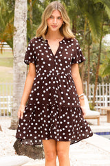 Wilma Mini Dress - Bermuda Collar Button Down Dress with Cap Sleeves in Ethos Spot Chocolate