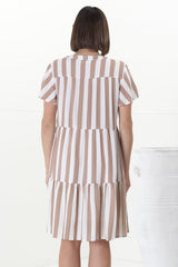 Wilma Mini Dress - Bermuda Collar Button Down Dress with Cap Sleeves in Gaubi Print Beige