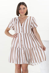 Wilma Mini Dress - Bermuda Collar Button Down Dress with Cap Sleeves in Gaubi Print Beige