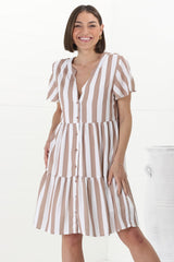 Wilma Mini Dress - Bermuda Collar Button Down Dress with Cap Sleeves in Gaubi Print Beige