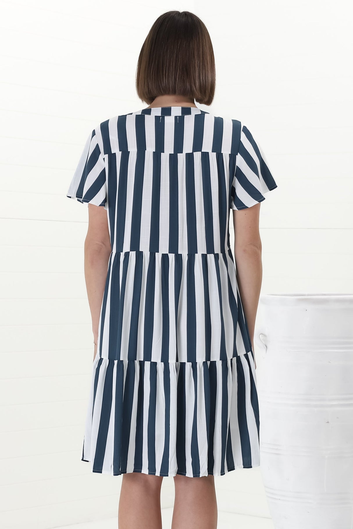 Wilma Mini Dress - Bermuda Collar Button Down Dress with Cap Sleeves in Gaubi Print Blue