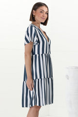 Wilma Mini Dress - Bermuda Collar Button Down Dress with Cap Sleeves in Gaubi Print Blue