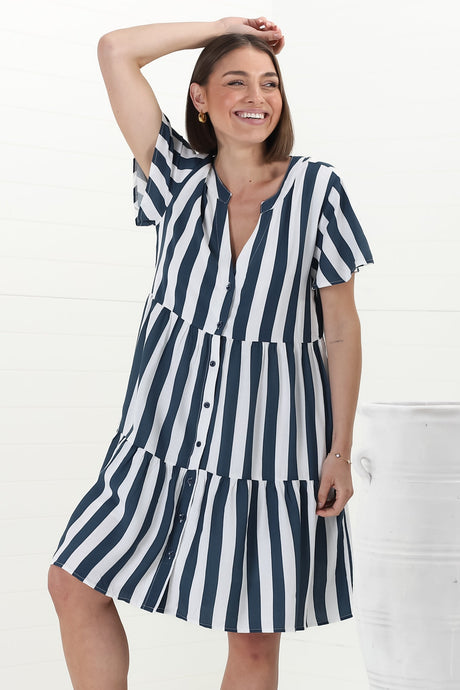 Wilma Mini Dress - Bermuda Collar Button Down Dress with Cap Sleeves in Gaubi Print Blue