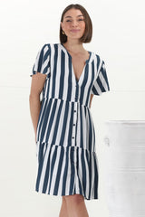 Wilma Mini Dress - Bermuda Collar Button Down Dress with Cap Sleeves in Gaubi Print Blue