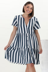 Wilma Mini Dress - Bermuda Collar Button Down Dress with Cap Sleeves in Gaubi Print Blue