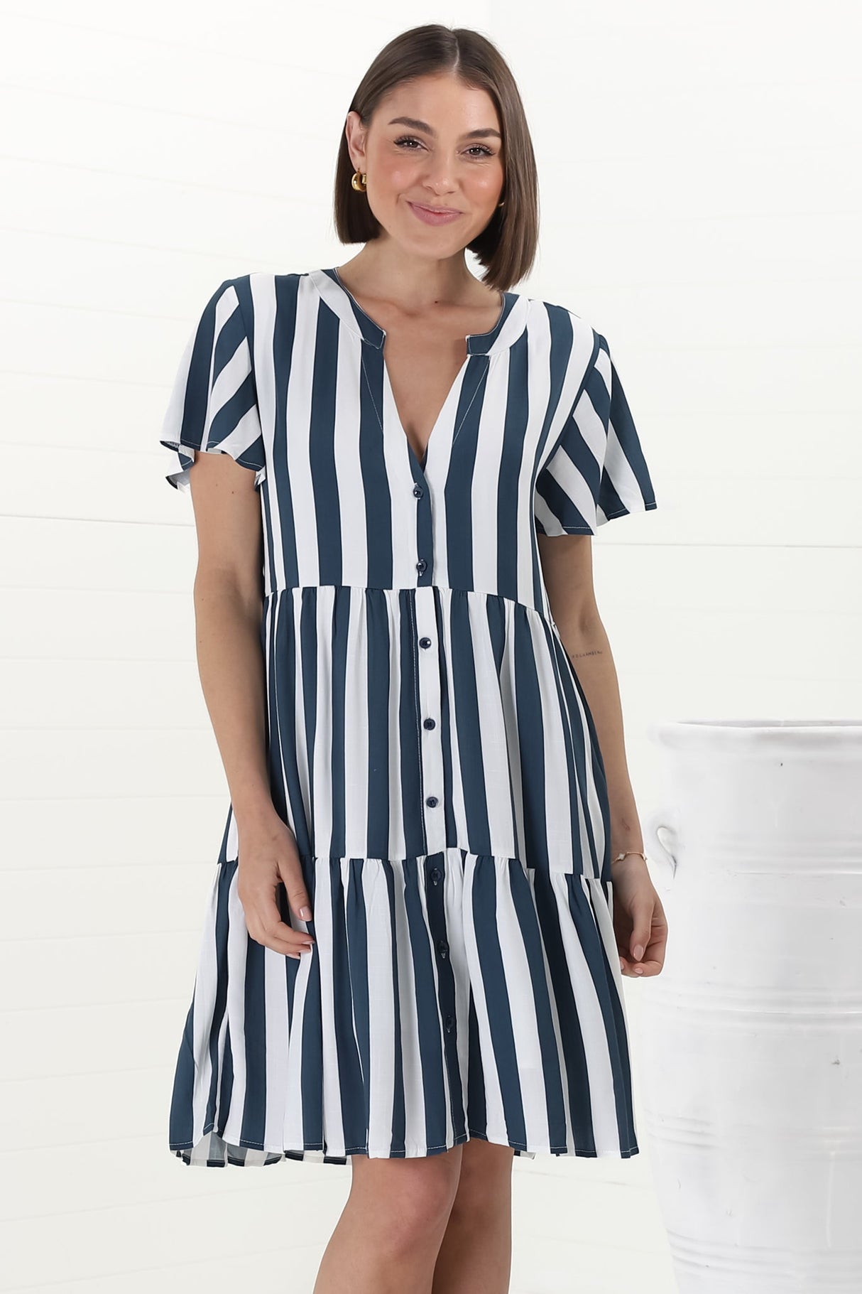 Wilma Mini Dress - Bermuda Collar Button Down Dress with Cap Sleeves in Gaubi Print Blue