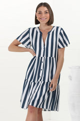 Wilma Mini Dress - Bermuda Collar Button Down Dress with Cap Sleeves in Gaubi Print Blue