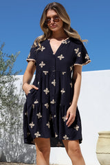 Wilma Mini Dress - Bermuda Collar Button Down Dress with Cap Sleeves in Gigi Print Navy