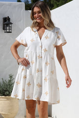 Wilma Mini Dress - Bermuda Collar Button Down Dress with Cap Sleeves in Gigi Print White