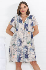 Wilma Mini Dress - Bermuda Collar Button Down Dress with Cap Sleeves in Irina Print Blue