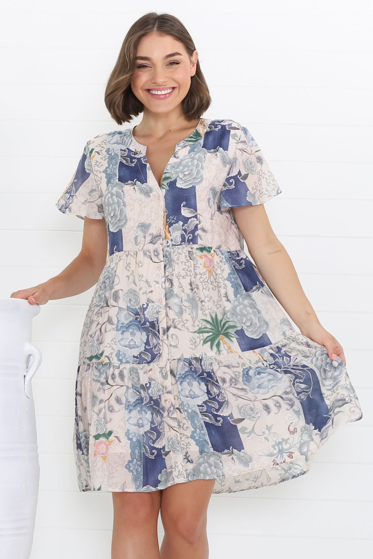 Wilma Mini Dress - Bermuda Collar Button Down Dress with Cap Sleeves in Irina Print Blue