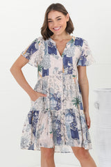 Wilma Mini Dress - Bermuda Collar Button Down Dress with Cap Sleeves in Irina Print Blue