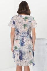 Wilma Mini Dress - Bermuda Collar Button Down Dress with Cap Sleeves in Irina Print Blue