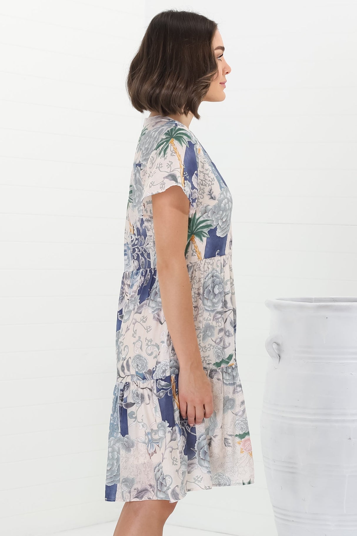 Wilma Mini Dress - Bermuda Collar Button Down Dress with Cap Sleeves in Irina Print Blue