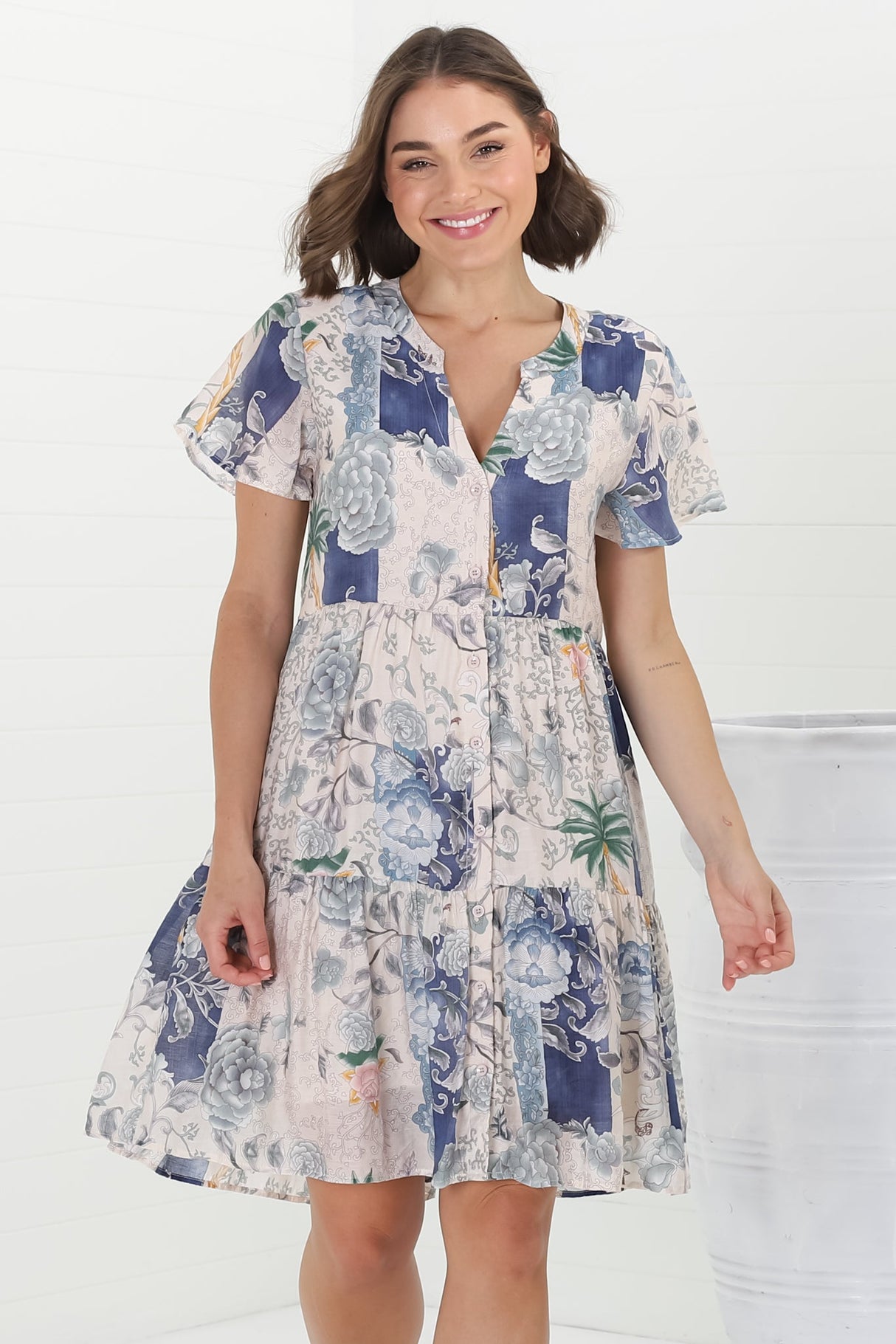 Wilma Mini Dress - Bermuda Collar Button Down Dress with Cap Sleeves in Irina Print Blue