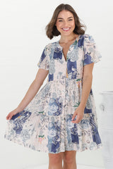 Wilma Mini Dress - Bermuda Collar Button Down Dress with Cap Sleeves in Irina Print Blue