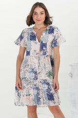 Wilma Mini Dress - Bermuda Collar Button Down Dress with Cap Sleeves in Irina Print Blue