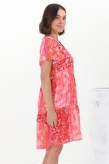 Wilma Mini Dress - Bermuda Collar Button Down Cape Sleeve Dress in Ita Print Pink