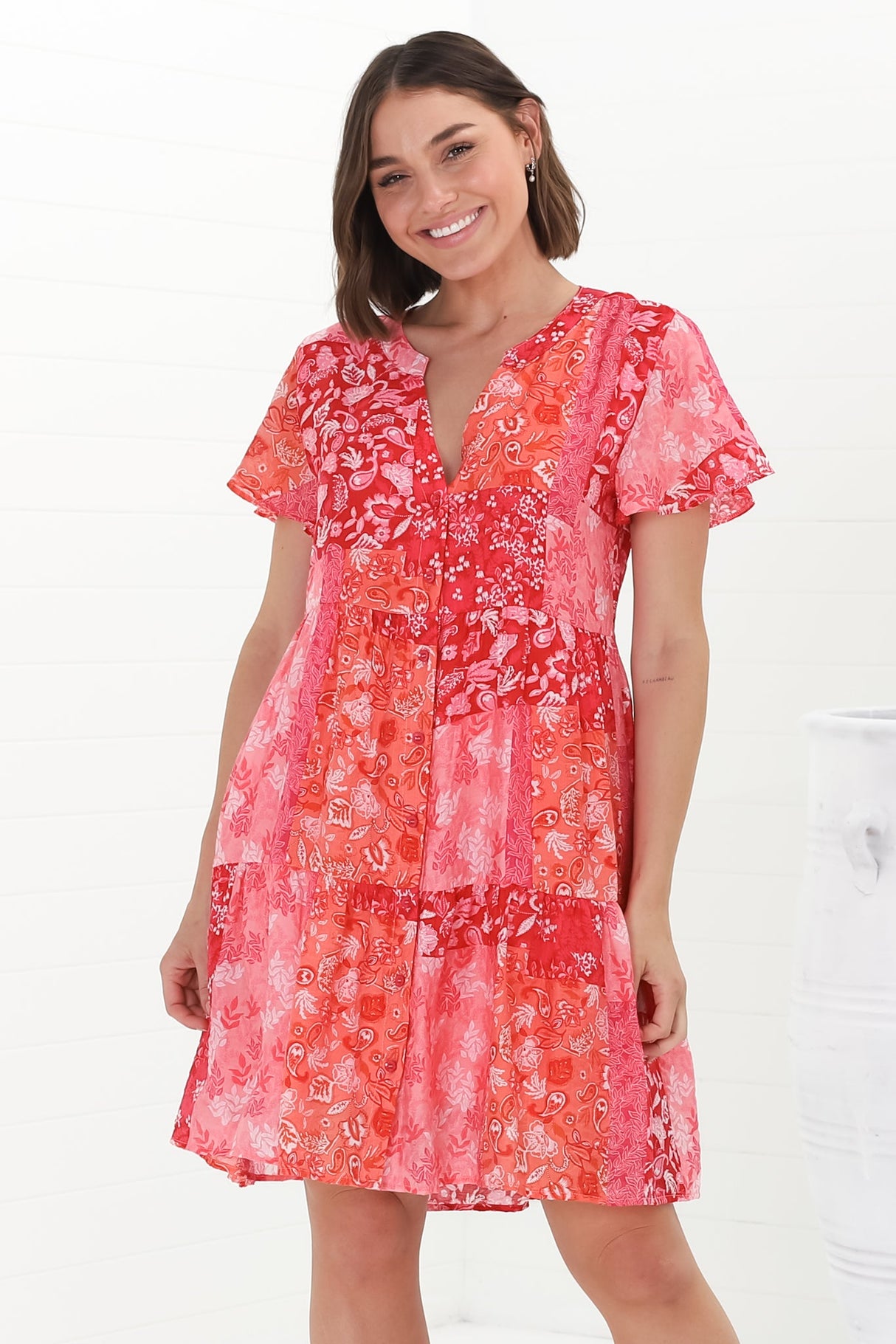 Wilma Mini Dress - Bermuda Collar Button Down Cape Sleeve Dress in Ita Print Pink