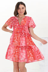 Wilma Mini Dress - Bermuda Collar Button Down Cape Sleeve Dress in Ita Print Pink