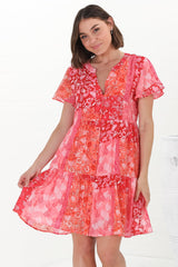 Wilma Mini Dress - Bermuda Collar Button Down Cape Sleeve Dress in Ita Print Pink